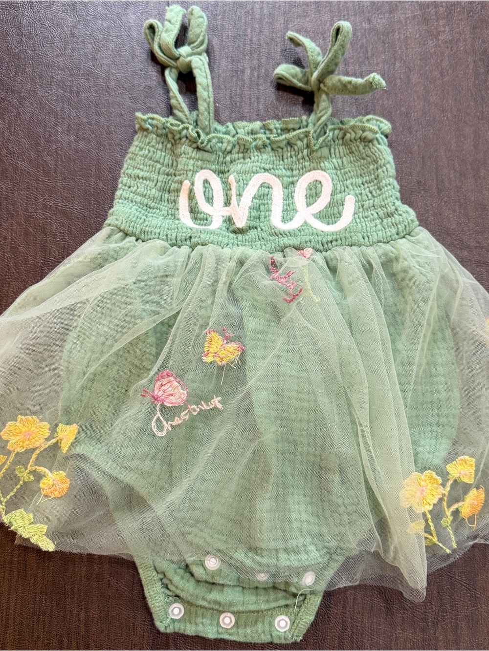 Green Tulle Baby Romper Dress with Floral Embroidery One Birthday. Sz 9-12